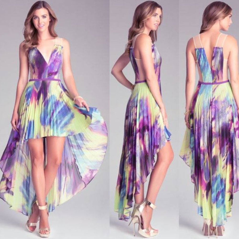 Bebe Hi Low pleated purple dress